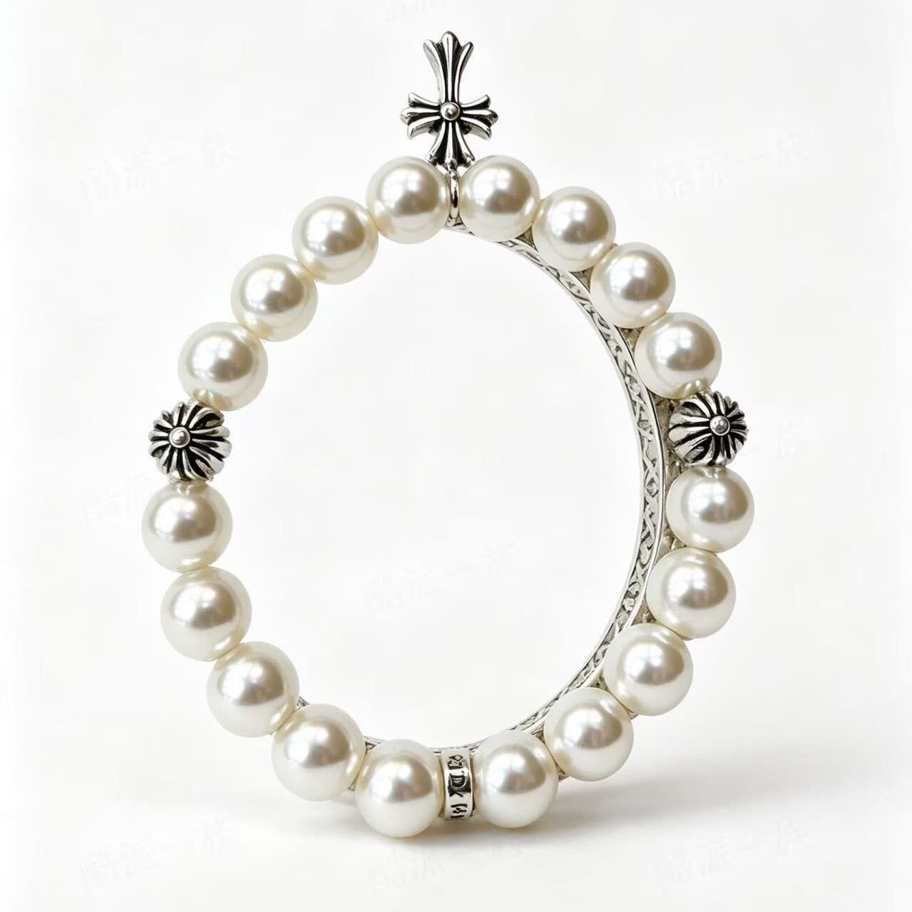 Chrome Hearts Elegant Pearl Bracelet with Cross Charm